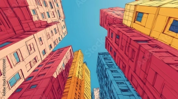 Fototapeta Colorful urban buildings viewed from below.