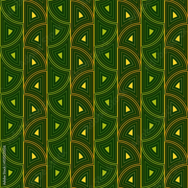 Obraz Art nouveau green seamless pattern of arches. Green and orange colors. Vertical rows of tiles. Geometric ornament of rounded arched elements. Bright classic modern design.