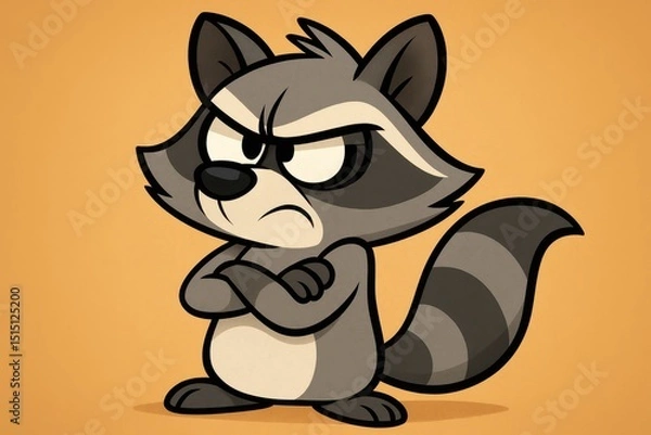 Fototapeta Grumpy Cartoon Raccoon Crossing Arms and Pouting – Exaggerated Style, White Background
