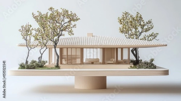 Obraz Open architecture book lays flat as a home floats from the center--windows, roof tiles, and all, presented in hyper-real detail.