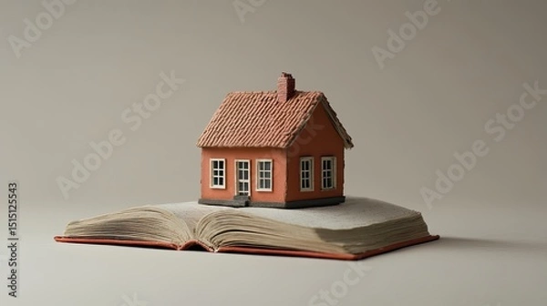 Obraz Open architecture book lays flat as a home floats from the center--windows, roof tiles, and all, presented in hyper-real detail.