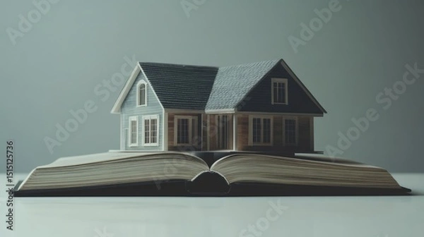 Obraz Open architecture book lays flat as a home floats from the center--windows, roof tiles, and all, presented in hyper-real detail.