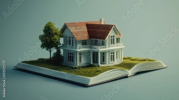 Obraz Open architecture book lays flat as a home floats from the center--windows, roof tiles, and all, presented in hyper-real detail.