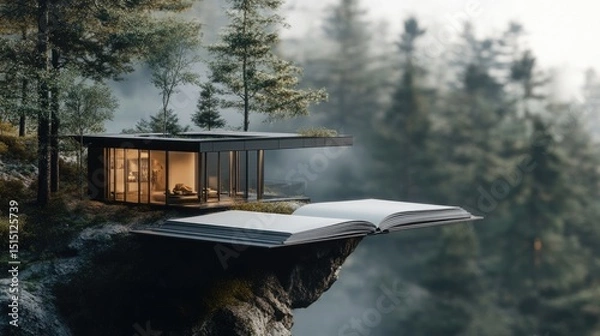 Fototapeta Open architecture guide with pages bending slightly as a floating modern home hovers above. Sharp, detailed, and inspirational.
