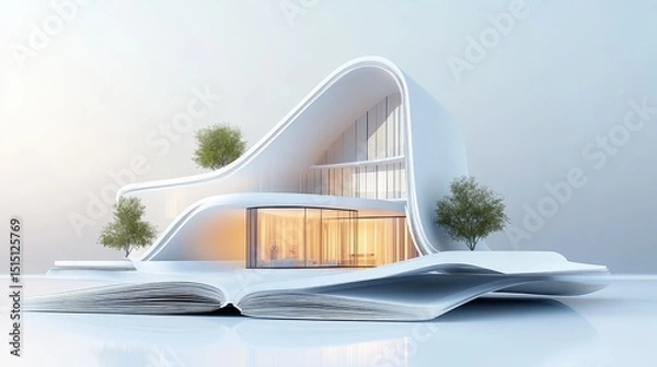 Fototapeta Open architecture guide with pages bending slightly as a floating modern home hovers above. Sharp, detailed, and inspirational.