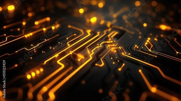 Fototapeta A swirling fractal-inspired circuit design glowing golden yellow against a dynamic