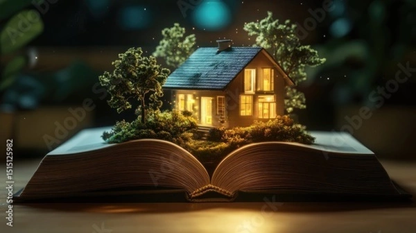 Obraz Open book placed on a minimalist desk with a high-res house model gently hovering above. The pages illuminate the base, creating a magical moment.