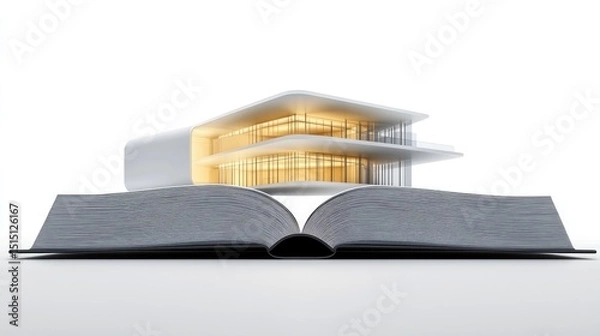 Obraz Open book with glowing pages, from which a photorealistic modern home floats upward, symbolizing the creation of dreams from literature. White background, crisp shadows.