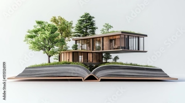 Obraz Open design book with bright pages and a detailed modern house floating upward from its binding. Studio lighting and sharp focus.