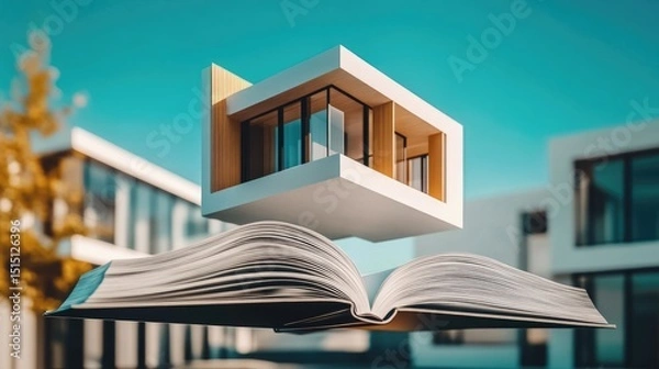 Obraz Open design book with bright pages and a detailed modern house floating upward from its binding. Studio lighting and sharp focus.