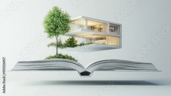 Obraz Open design book with bright pages and a detailed modern house floating upward from its binding. Studio lighting and sharp focus.