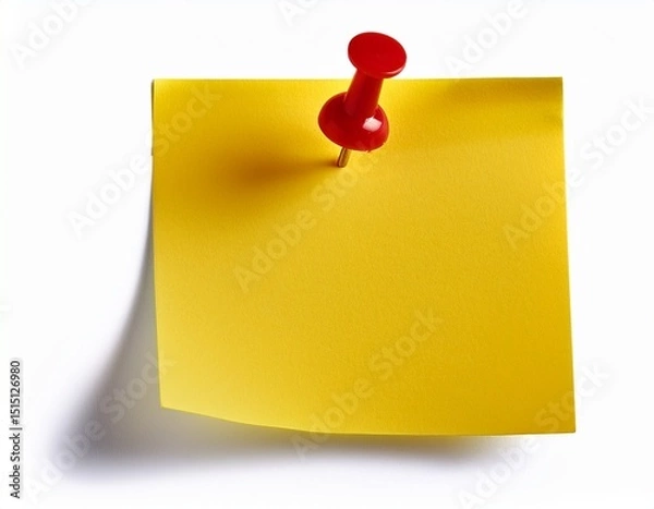 Obraz yellow sticky post it note with red pushpin isolated on white background