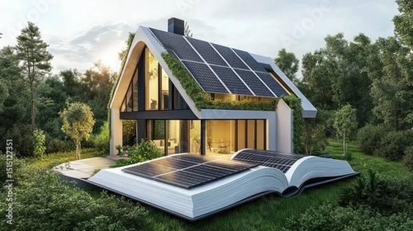 Obraz Photo-real modern house with solar panels emerging from an open book, symbolizing sustainable architecture born from knowledge.