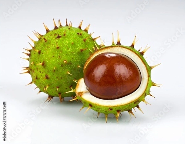 Fototapeta Marrons dans leur bogue ouverte, fruits du marronnier non comestible. Isolé sur fond blanc. Generated image