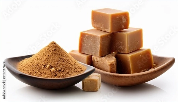 Obraz assorted jaggery products including cubes and powder on an isolated white background perfect for health food marketing and natural sweetener product displays