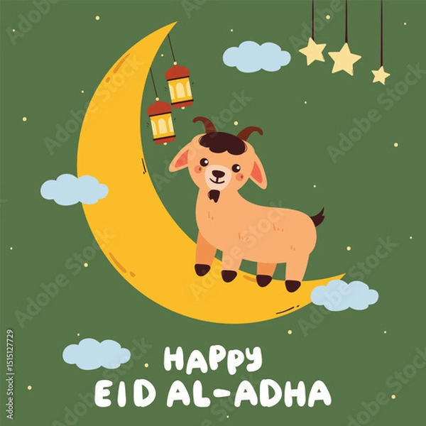 Fototapeta cute drawing Eid Al Adha card with cartoon goat, moon and lantern. cute drawing for eid card, wallpaper and background