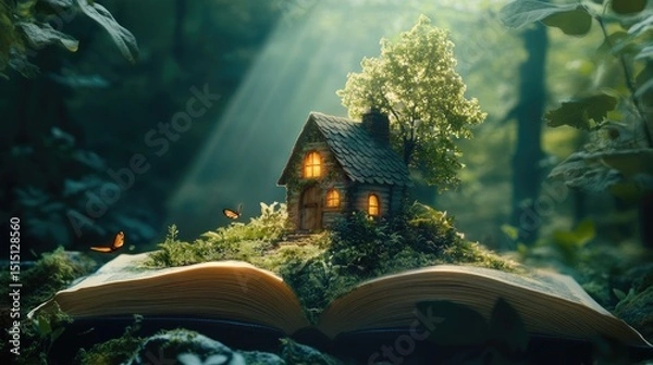 Obraz Photorealistic small cottage rising from the center of a children's fairytale book, symbolizing imagination and home.