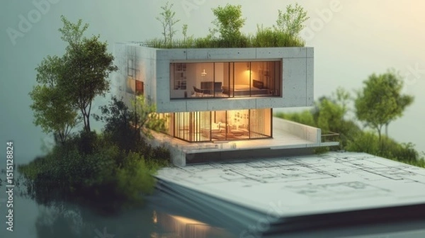 Obraz Photorealistic three-story modern home appears to levitate from an old blueprint journal. Crisp lighting and sharp contrast.