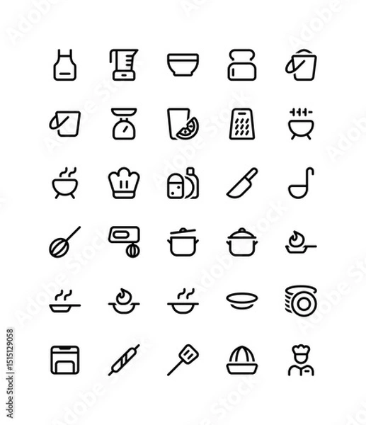Fototapeta Kitchen utensil iconography set. Various simple illustrations, including: apron, blender, bowl, bread, bucket, food scale, cheese, grater, chef, lemon, squeezer, wok, roller, barbecue, grill, knife