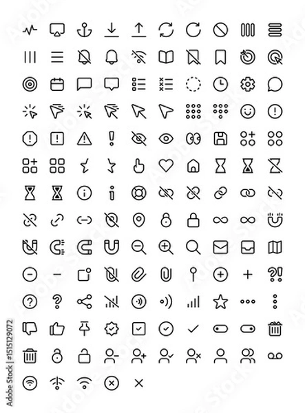 Fototapeta User interface iconography set. Various simple illustrations, including: display, location, arrow, settings, bookmark, location, magnet, search, email, signal, wifi, share, attachment, help, love, etc