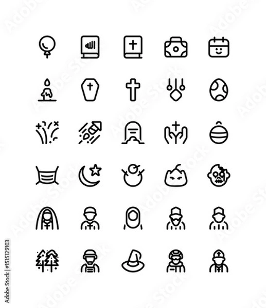 Fototapeta Holiday iconography set. Various simple illustrations, including: halloween, jack o lantern, priest, happy new year, fireworks, witch hat, briefcase, calendar, balloon, party, decoration, etc.