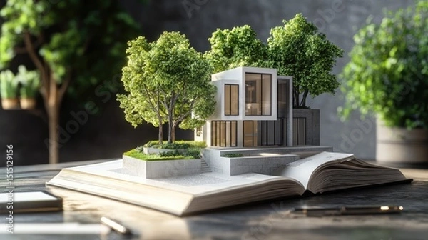 Obraz Realistic scene of a luxury townhouse floating from a hardcover book on a study desk, conceptually connecting reading and design.