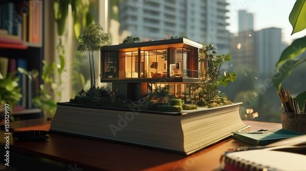 Obraz Realistic scene of a luxury townhouse floating from a hardcover book on a study desk, conceptually connecting reading and design.