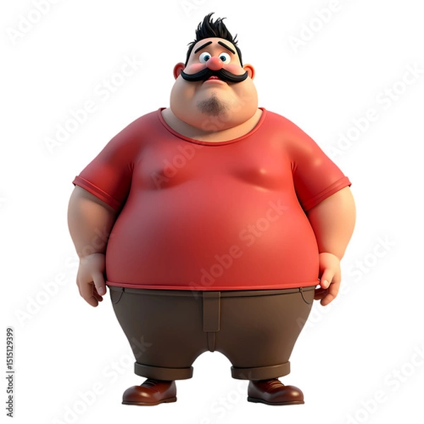 Fototapeta Cartoon man with a large mustache wearing a red shirt and brown pants standing  isolated on transparent background