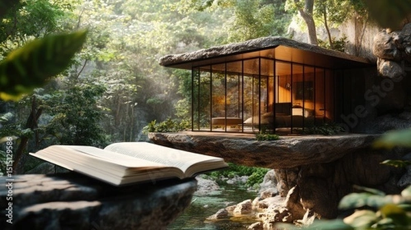 Obraz Stylish glass-walled home hovers above an old, open book placed on stone. Detailed imagery and crisp lighting enhance the floating illusion.