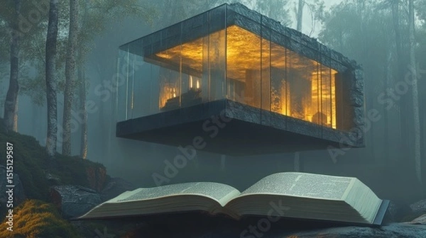 Obraz Stylish glass-walled home hovers above an old, open book placed on stone. Detailed imagery and crisp lighting enhance the floating illusion.