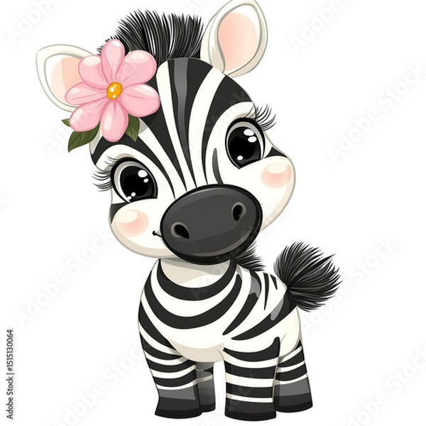 Fototapeta Cute cartoon zebra with large eyes and a pink flower in its mane, exuding a playful charm. Isolated on transparent white background, png	
