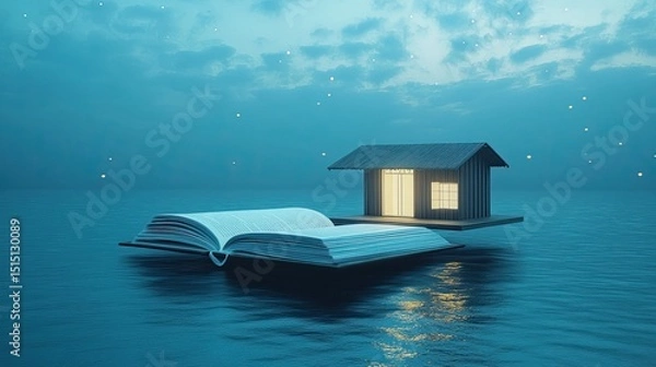 Fototapeta Surreal photo-real image of a smart home floating from a minimalist open book, blending tech and tradition.