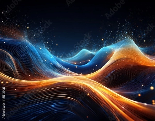 Fototapeta abstract representation of vibrant blue and orange waves with glowing particles in a dark space