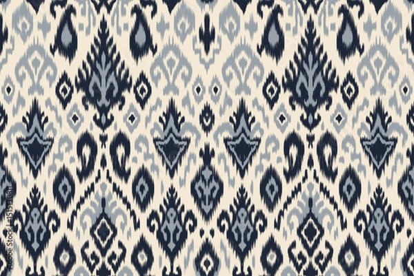 Obraz Ikat pattern seamless vector with traditional ethnic tribal blue and white textile design. Abstract boho fabric background for fashion, interior, wallpaper, print, crafts, wrapping and decoration.