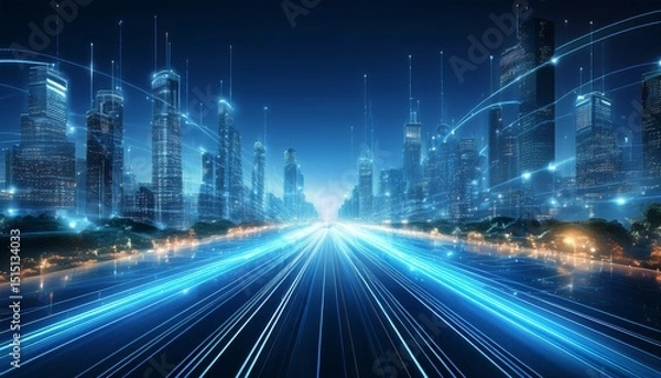 Obraz smart city with speed line light trail big data connection business theme simple design blue hue