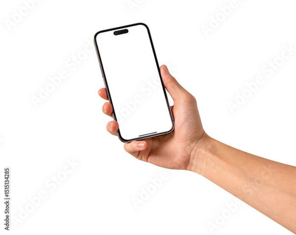 Fototapeta Hand showing smartphone with blank screen isolated.