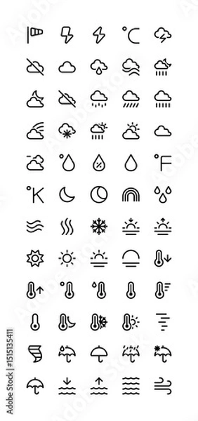 Fototapeta Weather forecast iconography set. Various simple illustrations, including: rain, cloud, sunny, day, night, moon, humidity, drop, thermometer, rainbow, umbrella, water, fog, wind, lightning, thunder