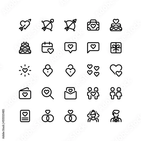 Obraz Romance iconography set. Various simple illustrations, including: cupid, arrow, briefcase, love, heart, cake, affection, wedding, heartbeat, couple, bride, groom, lock, chocolate, gift, invitation.