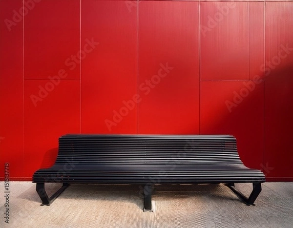 Obraz a striking black bench contrasts prominently against a bright red wall showcasing minimalist design aesthetics