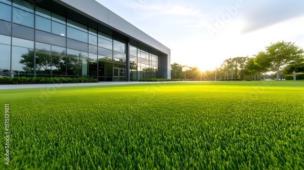 Obraz A contemporary office building stands next to well-maintained green lawns, showcasing a vibrant corporate environment on a clear, sunny day