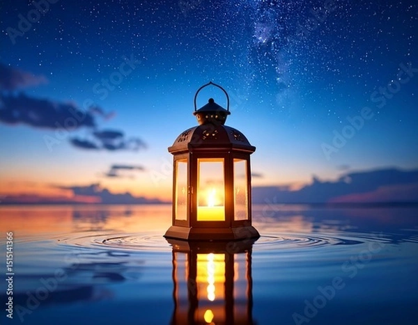 Obraz Night Lantern's Light: Capturing the tranquil beauty of a warm lantern, reflecting beautifully in the calm waters of a starry night, while a sense of peace.