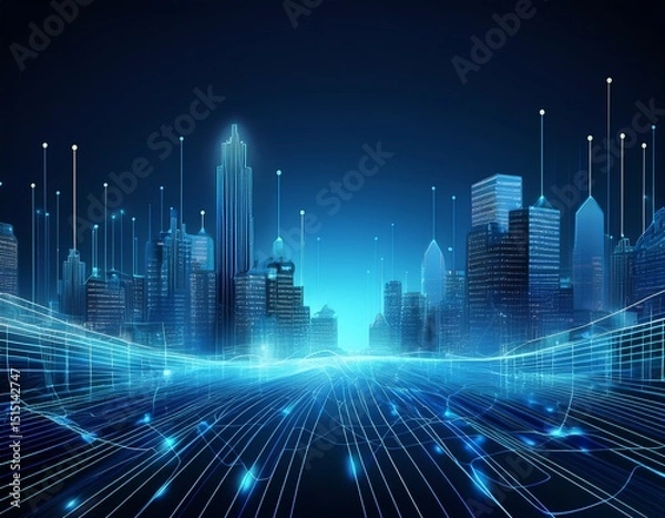 Obraz smart city with digital wire waves business theme simple blue