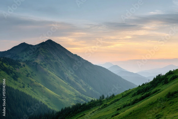 Fototapeta breathtaking view of larch mountain under soft sunset with warm hues illuminating peaks and valleys