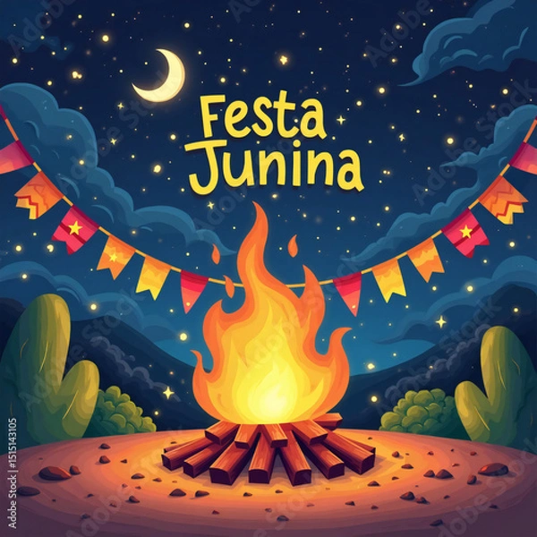Fototapeta Festividades sob a lua com fogueira e bandeirinhas