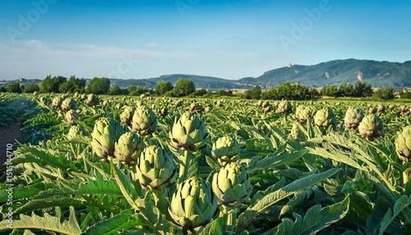 Obraz field of artichokes with large prickly leaves and tender buds vegetables artichoke field picking season