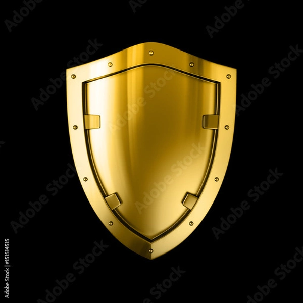 Obraz Bright shiny gold metal shield, isolated against the dark black background.