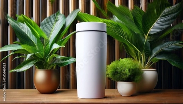 Obraz tumbler mockup white packaging tumbler mockup design in a table with wonderfull plants