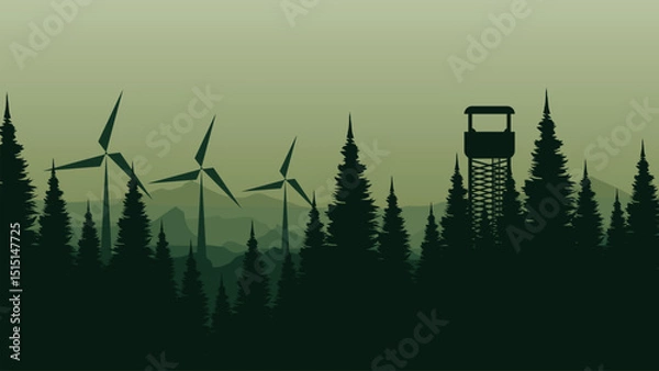 Fototapeta vector illustration of an abstract landscape with trees and windmill good for for wallpaper design, design template, background template, and tourism design template