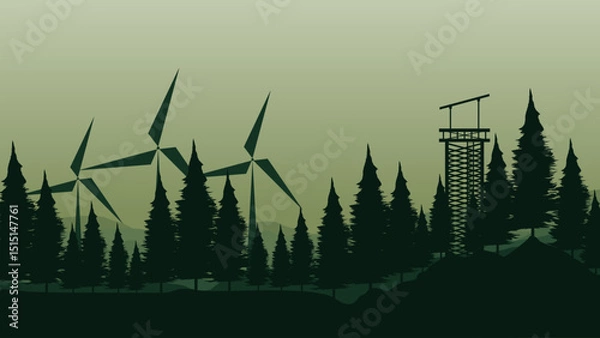 Fototapeta vector illustration of an abstract landscape with trees and windmill good for for wallpaper design, design template, background template, and tourism design template