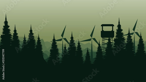 Fototapeta vector illustration of an abstract landscape with trees and windmill good for for wallpaper design, design template, background template, and tourism design template